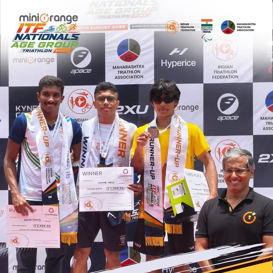 Men’s podium ceremony at the ITF Nationals Age-Group Triathlon in Pune, with winner, runner-up, and third place